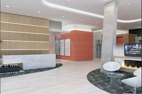 Washington apartment for rent - A modern living room with a stone fireplace and a TV.
