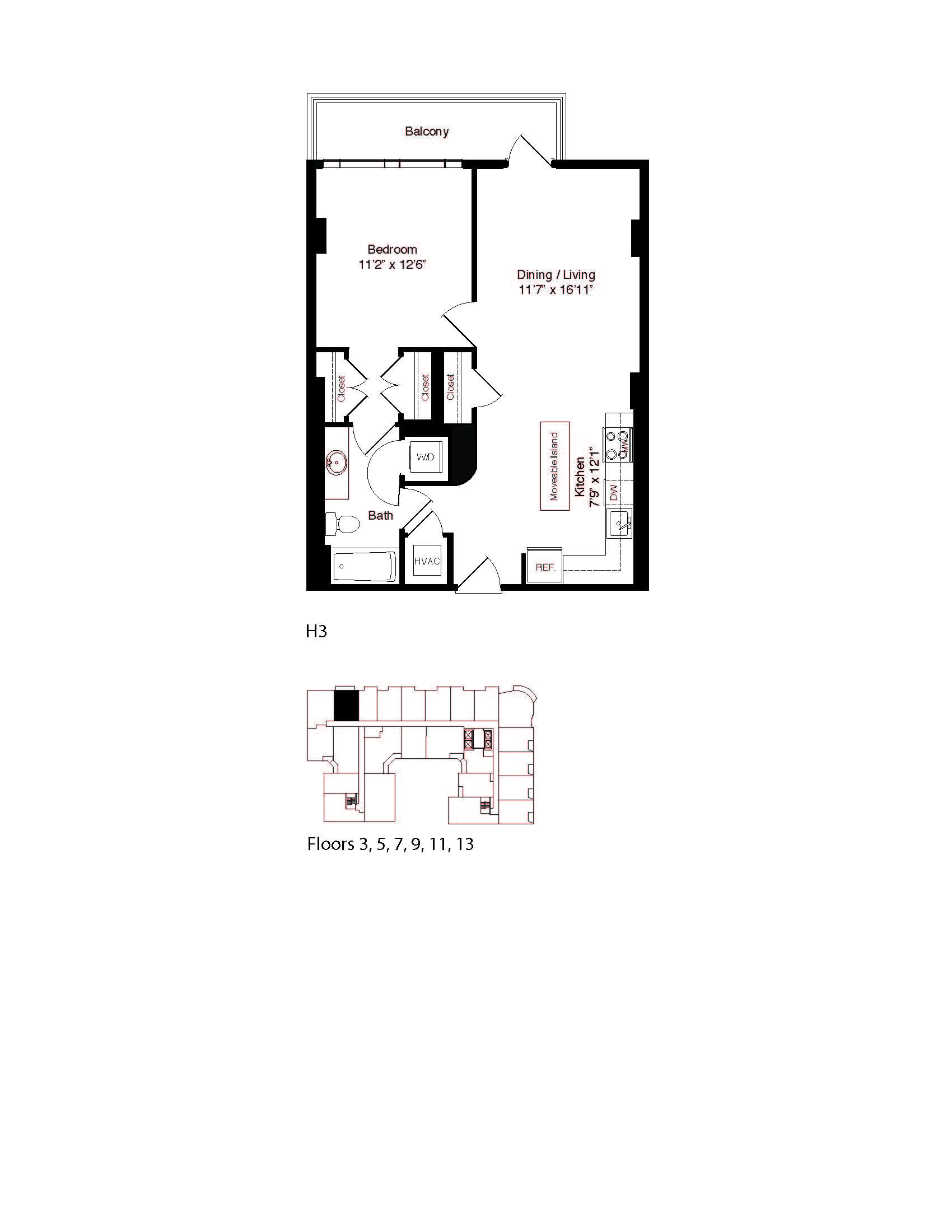Floor plan for 1 bed, 1 bath, 718 sqft