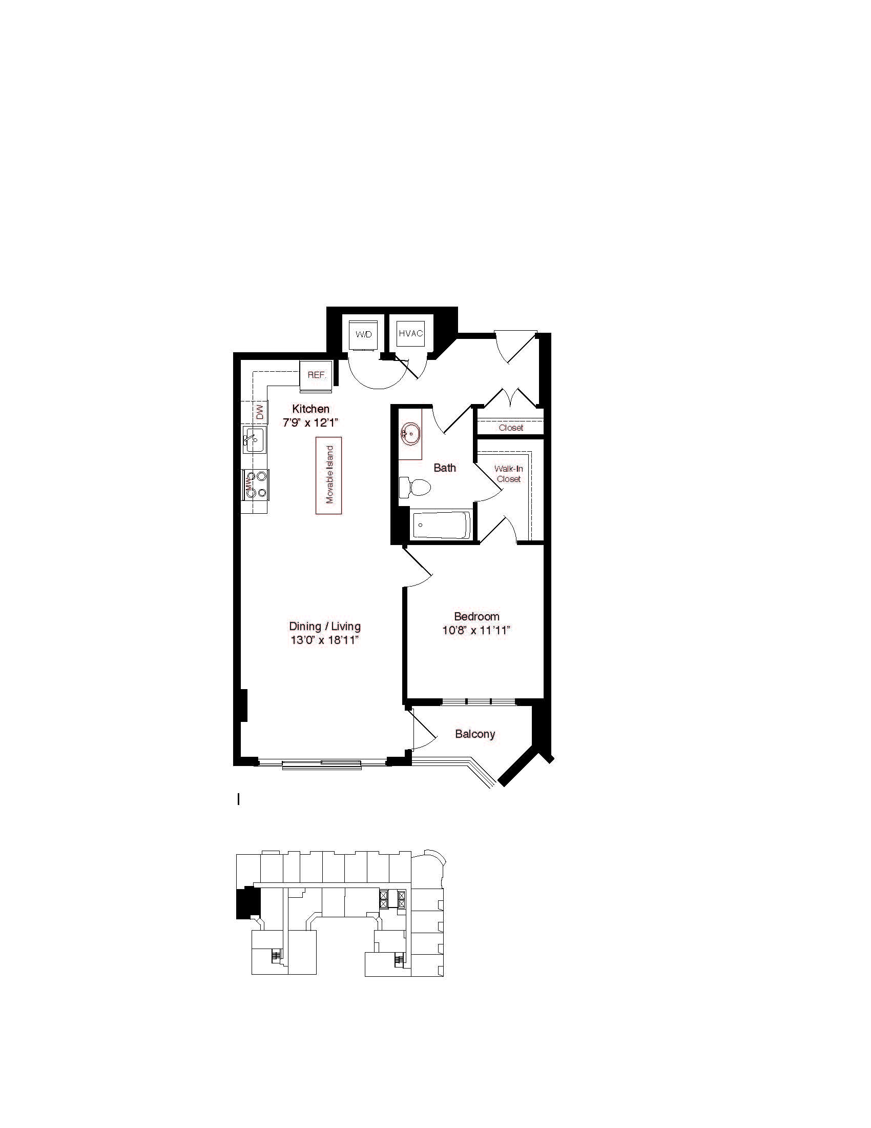 Floor plan for 1 bed, 1 bath, 718 sqft