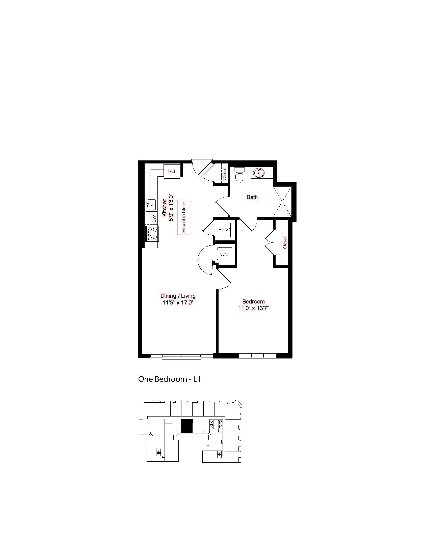 Floor plan for 1 bed, 1 bath, 845 sqft