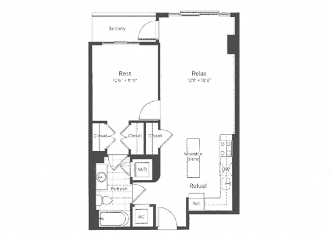 Floor plan for 1 bed, 1 bath, 756 sqft