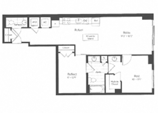 Floor plan for 1 bed, 1 bath, 991 sqft