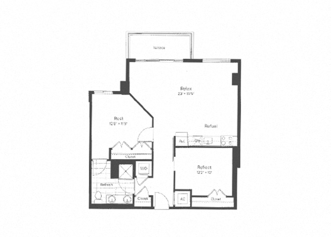 Floor plan for 1 bed, 1 bath, 935 sqft