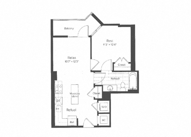 Floor plan for 1 bed, 1 bath, 574 sqft