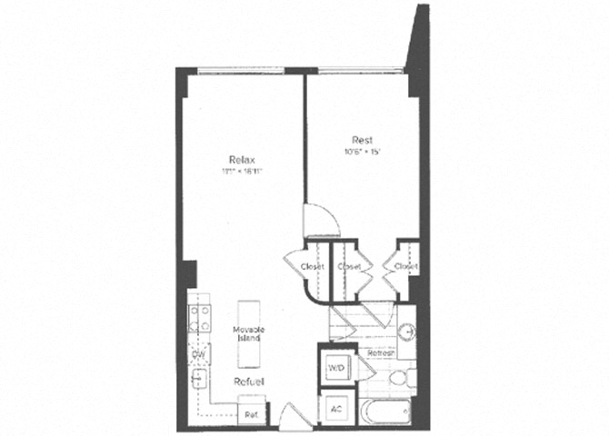 Floor plan for 1 bed, 1 bath, 765 sqft