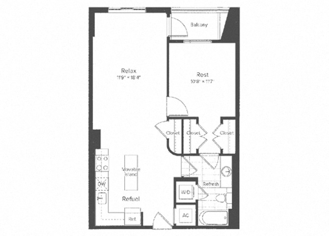 Floor plan for 1 bed, 1 bath, 746 sqft