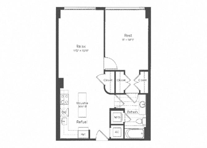 Floor plan for 1 bed, 1 bath, 768 sqft