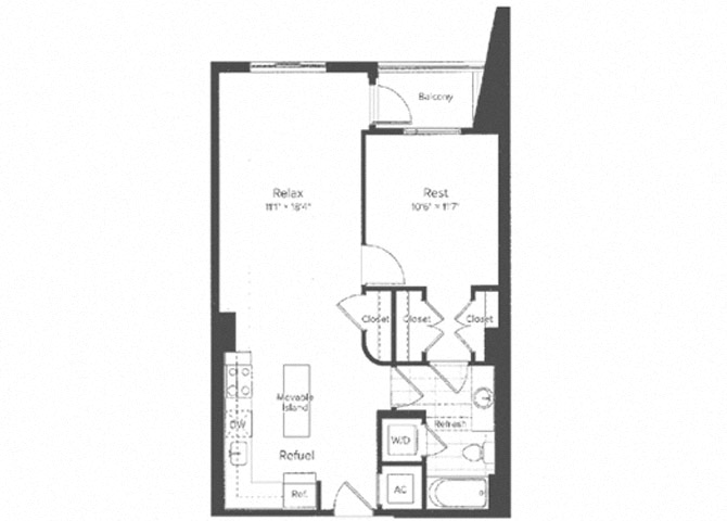 Floor plan for 1 bed, 1 bath, 756 sqft