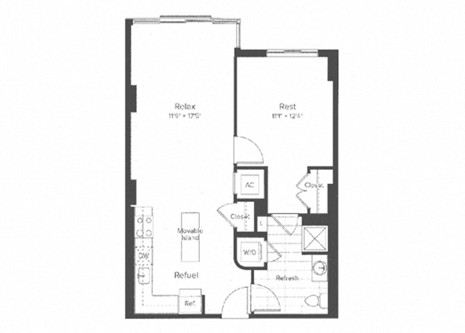 Floor plan for 1 bed, 1 bath, 759 sqft