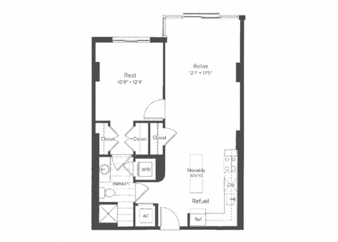 Floor plan for 1 bed, 1 bath, 759 sqft