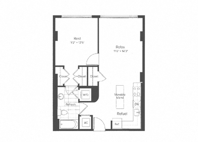 Floor plan for 1 bed, 1 bath, 718 sqft