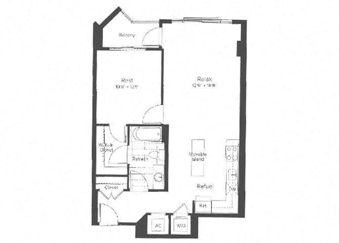 Floor plan for 1 bed, 1 bath, 784 sqft