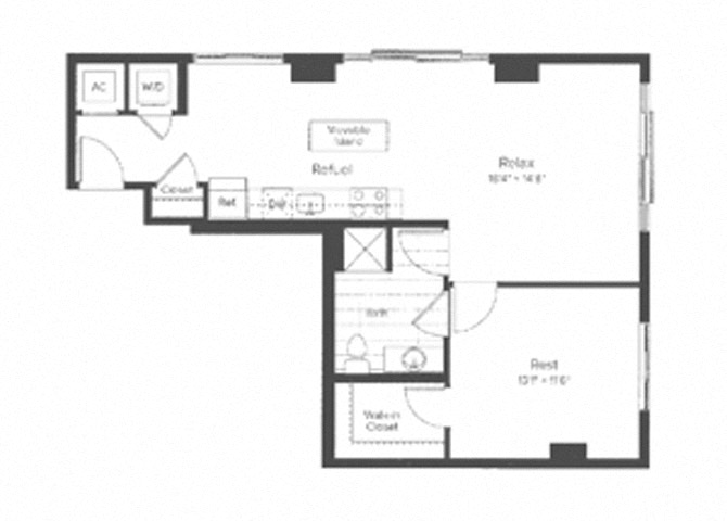 Floor plan for 1 bed, 1 bath, 802 sqft