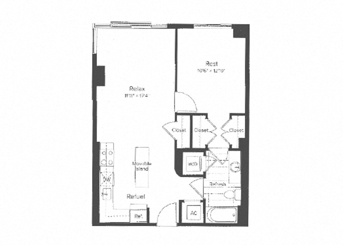 Floor plan for 1 bed, 1 bath, 718 sqft
