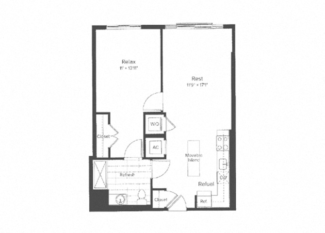 Floor plan for 1 bed, 1 bath, 744 sqft