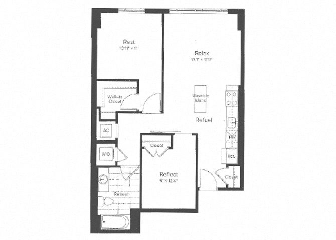 Floor plan for 1 bed, 1 bath, 845 sqft