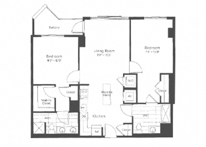 Floor plan for 2 beds, 2 baths, 1100 sqft