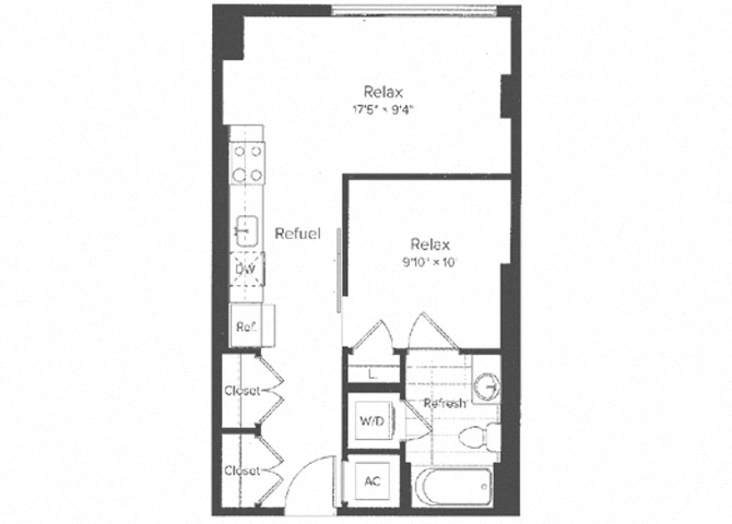 Floor plan for studio, 1 bath, 544 sqft
