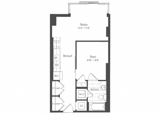 Floor plan for studio, 1 bath, 589 sqft