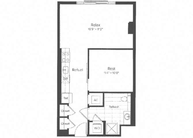 Floor plan for studio, 1 bath, 657 sqft
