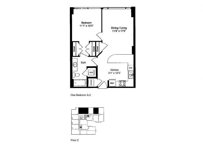 Floor plan for 1 bed, 1 bath, 712 sqft