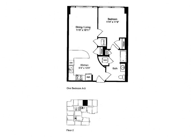 Floor plan for 1 bed, 1 bath, 712 sqft