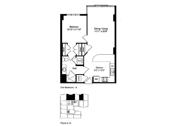 Floor plan for 1 bed, 1 bath, 758 sqft