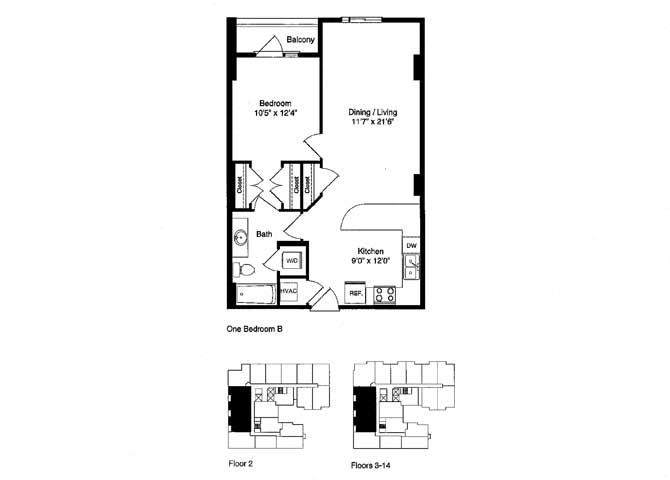 Floor plan for 1 bed, 756 sqft