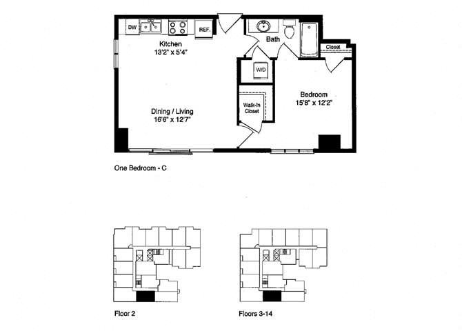 Floor plan for 1 bed, 1 bath, 621 sqft