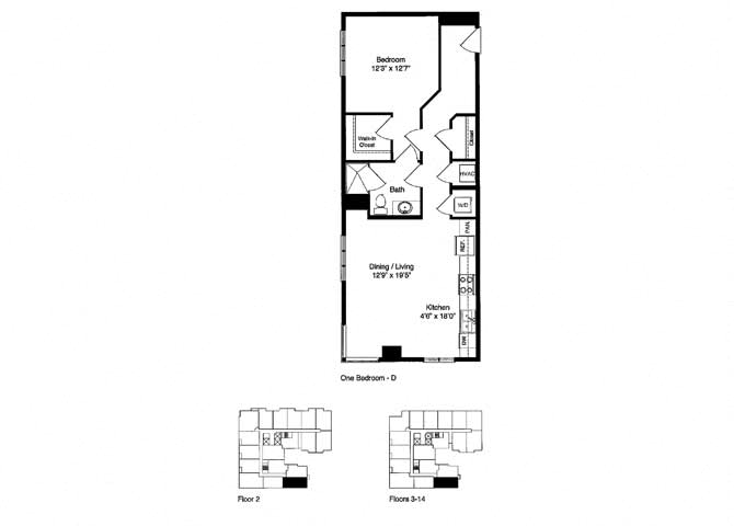 Floor plan for 1 bed, 1 bath, 813 sqft