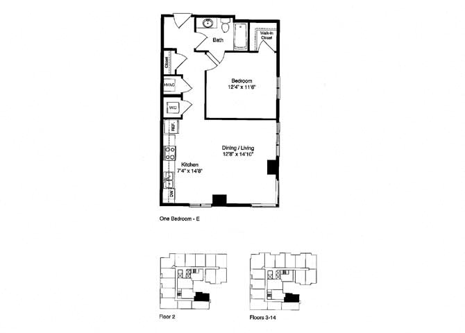 Floor plan for 1 bed, 1 bath, 693 sqft