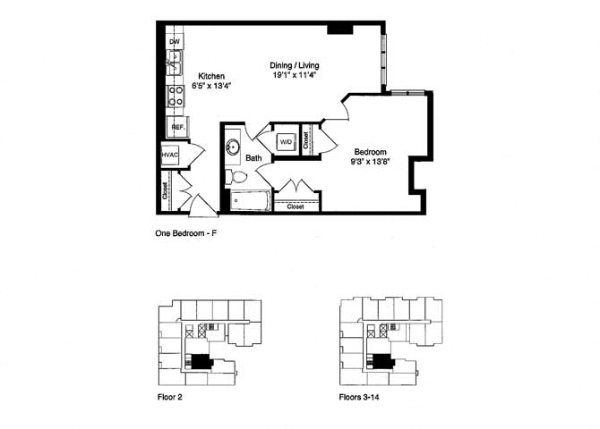 Floor plan for 1 bed, 1 bath, 696 sqft