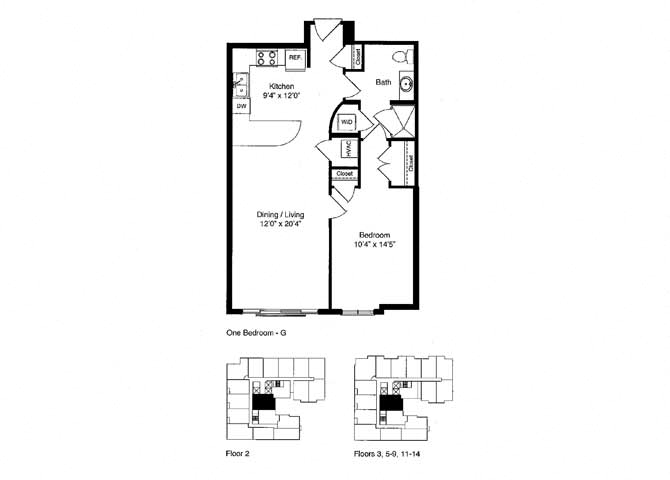 Floor plan for 1 bed, 1 bath, 792 sqft