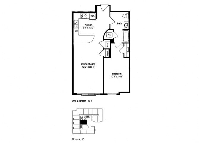Floor plan for 1 bed, 1 bath, 792 sqft