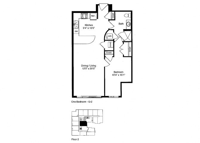 Floor plan for 1 bed, 1 bath, 792 sqft