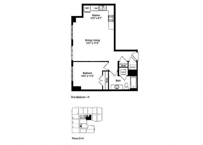 Floor plan for 1 bed, 1 bath, 758 sqft