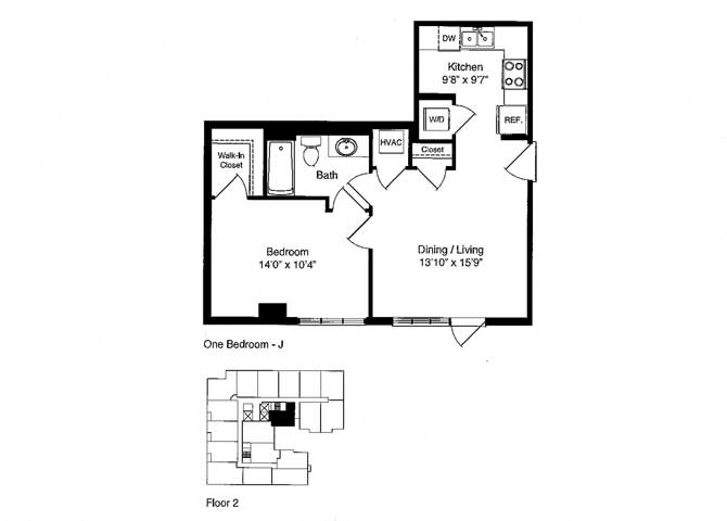 Floor plan for 1 bed, 1 bath, 612 sqft