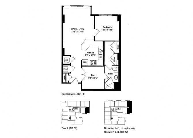 Floor plan for 1 bed, 1 bath, 858 sqft