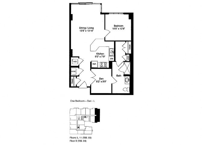 Floor plan for 1 bed, 1 bath, 858 sqft