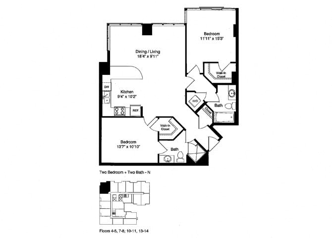 Floor plan for 1 bed, 1 bath, 1120 sqft