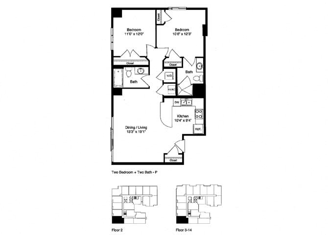 Floor plan for 2 beds, 2 baths, 955 sqft