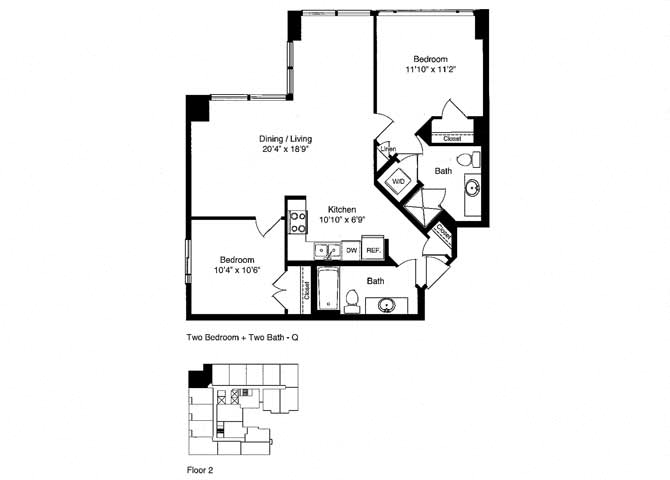 Floor plan for 2 beds, 2 baths, 903 sqft