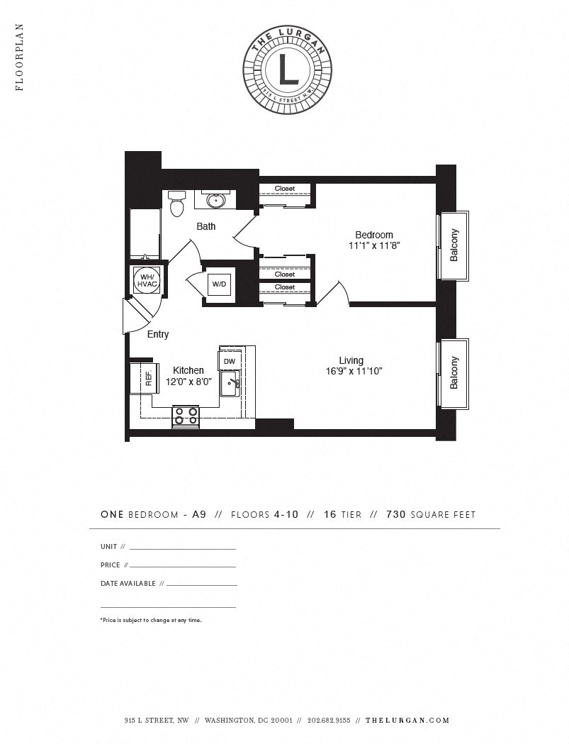 Floor plan for 1 bed, 1 bath, 732 sqft