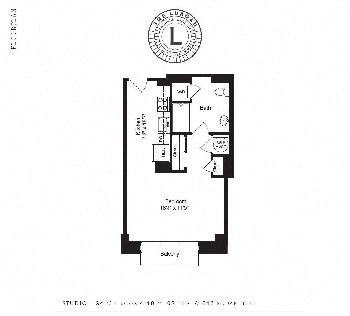 Floor plan for studio, 1 bath, 513 sqft