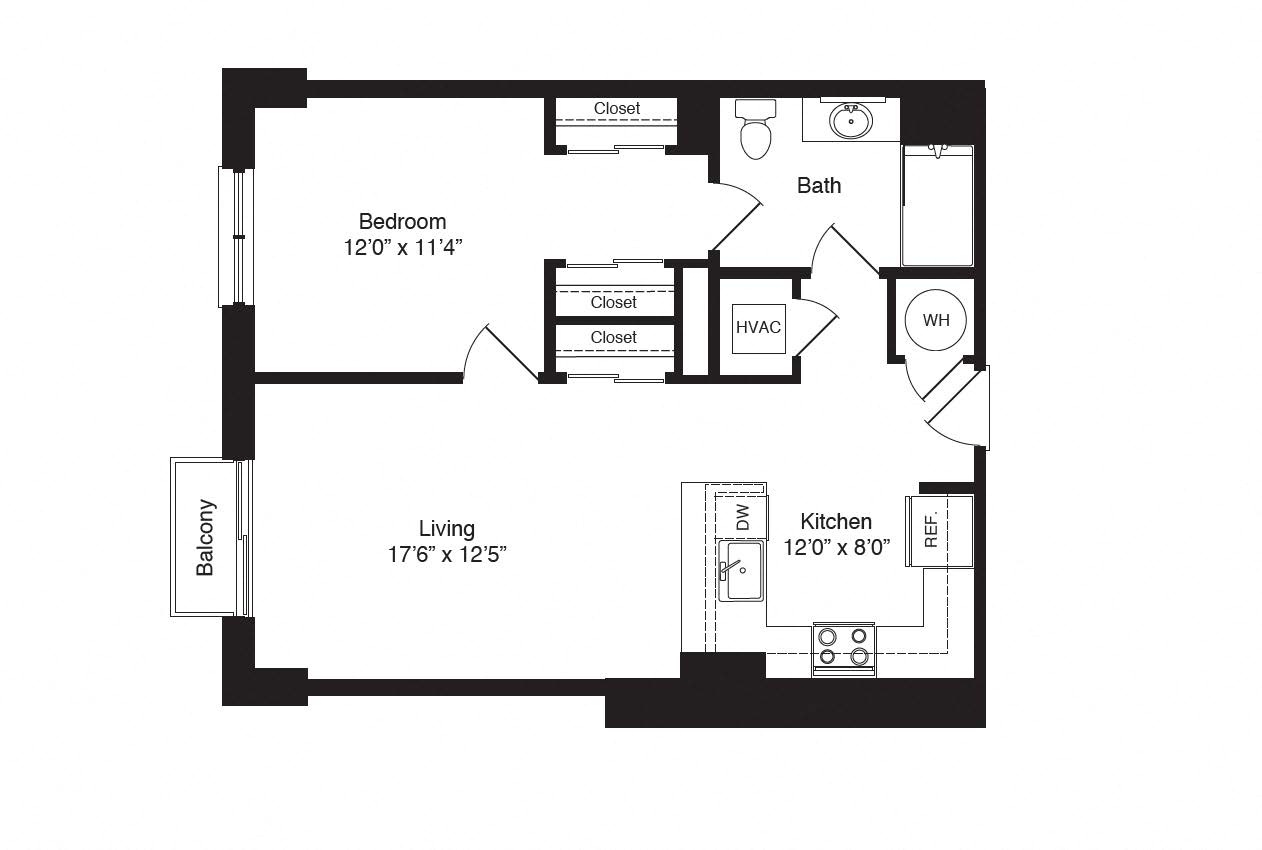 Floor plan for 1 bed, 1 bath, 761 sqft