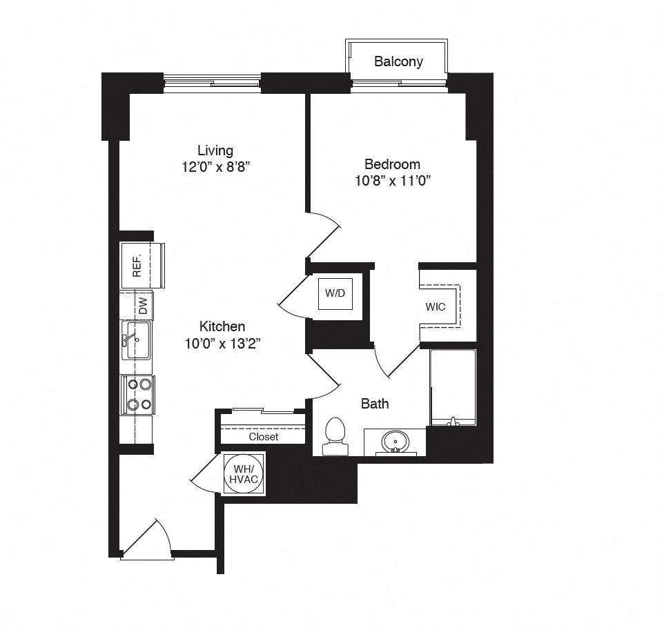 Floor plan for 1 bed, 1 bath, 646 sqft