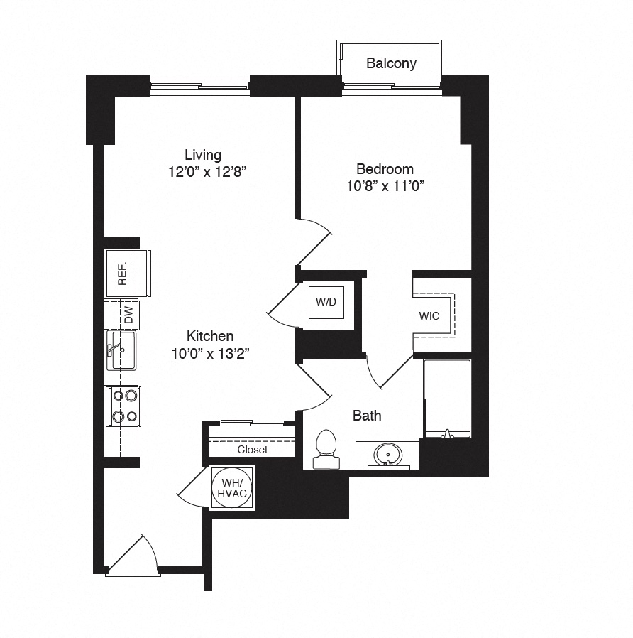Floor plan for 1 bed, 1 bath, 686 sqft