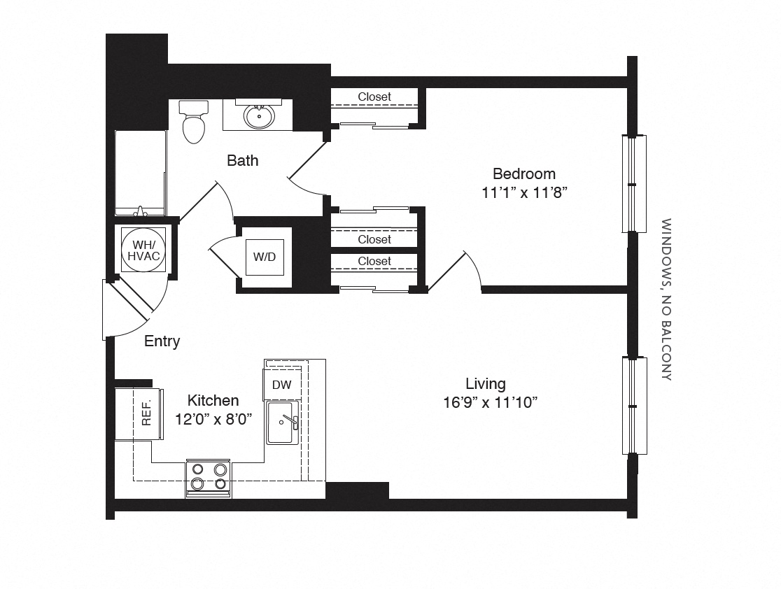 Floor plan for 1 bed, 1 bath, 732 sqft