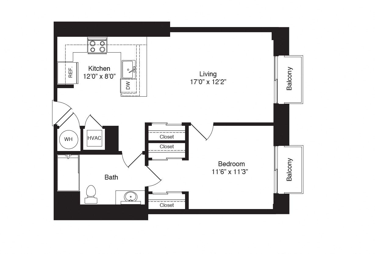 Floor plan for 1 bed, 1 bath, 744 sqft