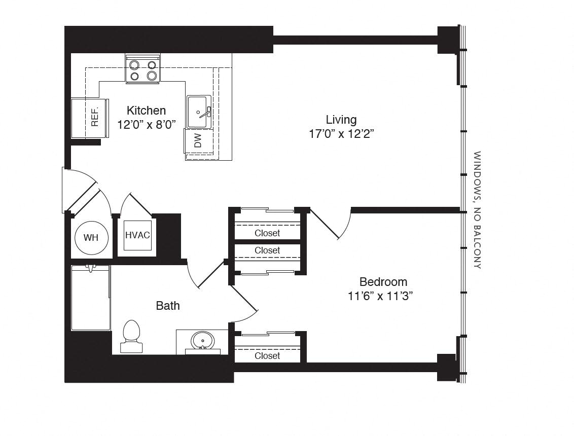 Floor plan for 1 bed, 1 bath, 736 sqft